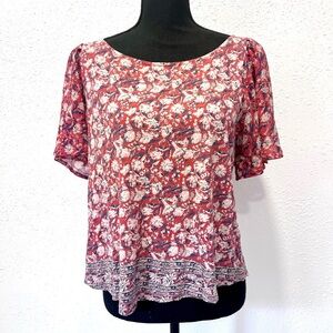 Lucky Brand Red and White Flutter Sleeve Blouse M